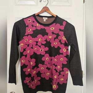 LOGO by Lori Goldstein Floral Jacquard Long Sleeve Sweater Black Size XS